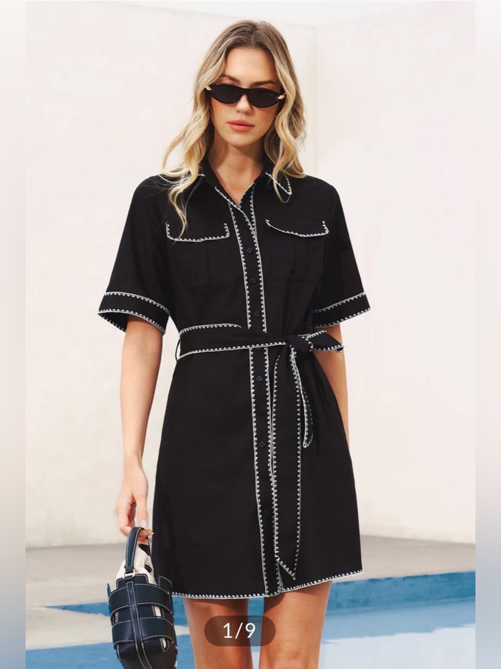 Commense Oversized Contrast Stitch Belted Shirt Dress